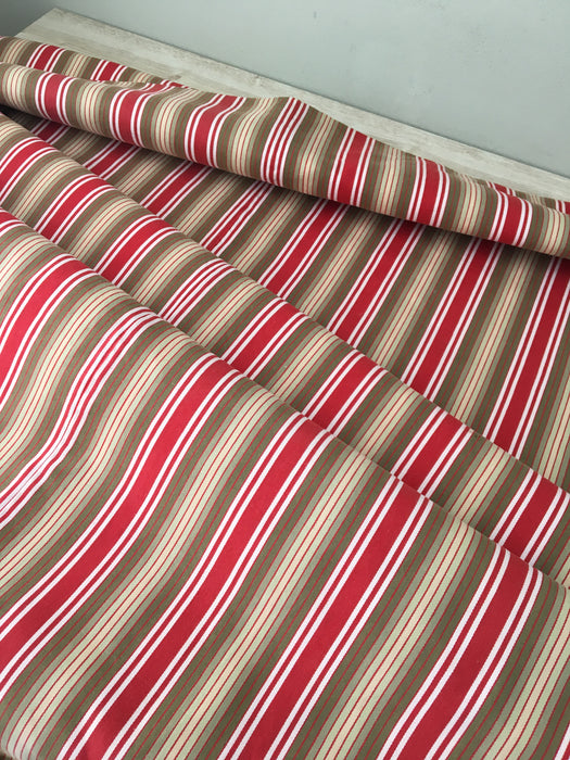 Swedish ticking in olive, red, and white stripes. c.1940 - 65 cm × 3.8 meters (2 pieces avail.)