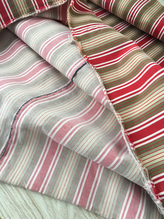 Swedish ticking in olive, red, and white stripes. c.1940 - 65 cm × 3.8 meters (2 pieces avail.)