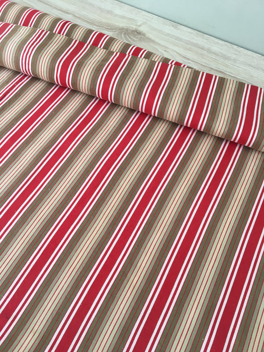 Swedish ticking in olive, red, and white stripes. c.1940 - 65 cm × 3.8 meters (2 pieces avail.)