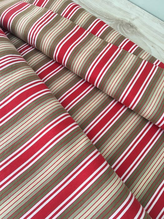 Swedish ticking in olive, red, and white stripes. c.1940 - 65 cm × 3.8 meters (2 pieces avail.)