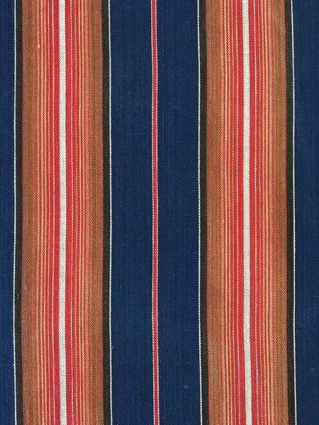 Swedish ticking in denim blue, orange, red, and thin white stripes. c.1940 - 94 cm × 3.3 meters