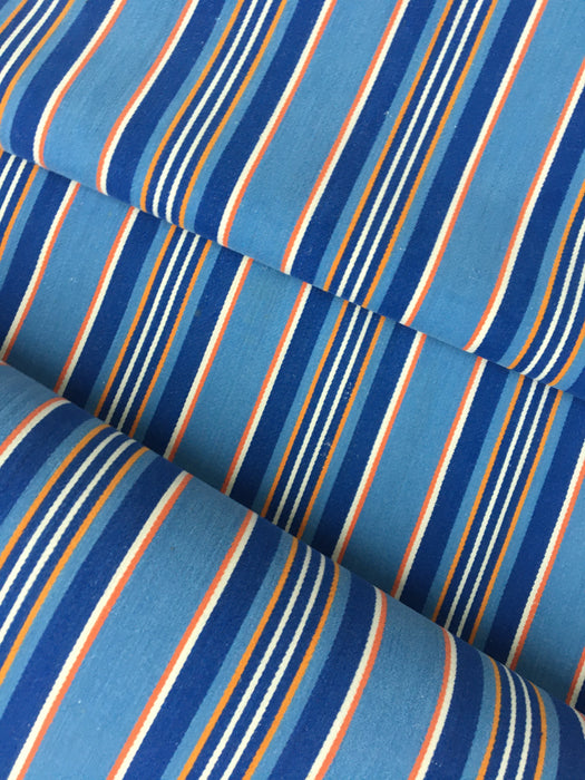 Denim blue, orange, red, and thin white stripes ticking. Sweden c.1940 - 70 cm × 4 meters 