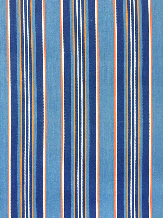 Denim blue, orange, red, and thin white stripes ticking. Sweden c.1940 - 70 cm × 4 meters 