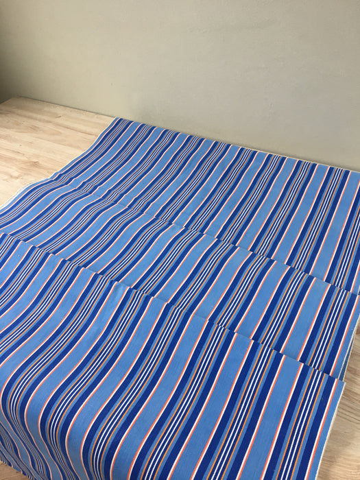 Denim blue, orange, red, and thin white stripes ticking. Sweden c.1940 - 70 cm × 4 meters 