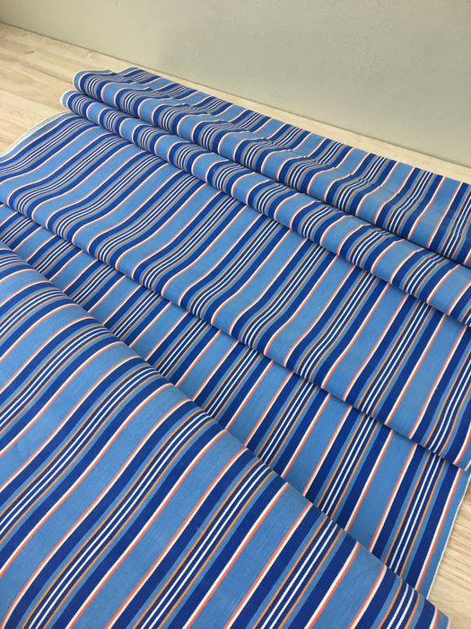 Denim blue, orange, red, and thin white stripes ticking. Sweden c.1940 - 70 cm × 4 meters 
