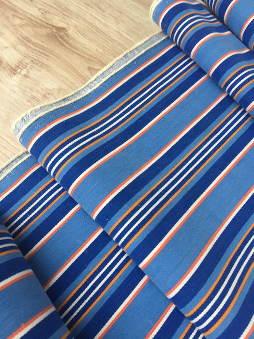 Denim blue, orange, red, and thin white stripes ticking. Sweden c.1940 - 70 cm × 4 meters 