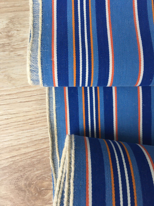 Denim blue, orange, red, and thin white stripes ticking. Sweden c.1940 - 70 cm × 4 meters 