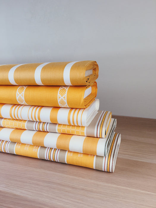 Yellow striped ticking yardage. Spain c.1950 - Various pieces