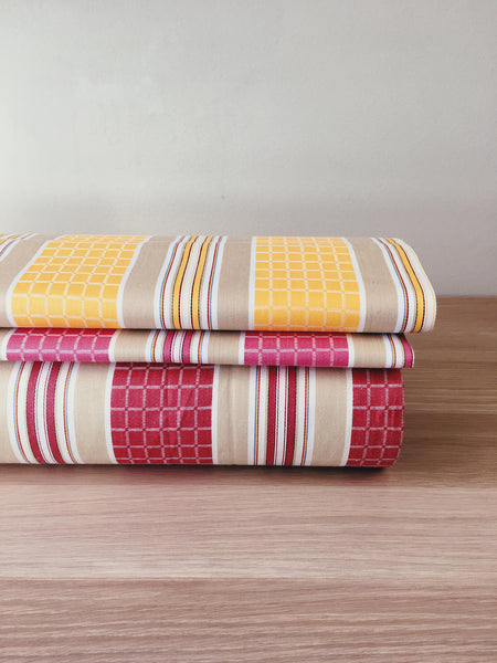 Yellow, red, pink striped ticking yardage. Spain c.1950 - Various pieces