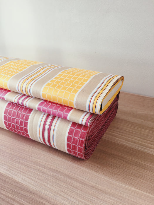 Yellow, red, pink striped ticking yardage. Spain c.1950 - Various pieces