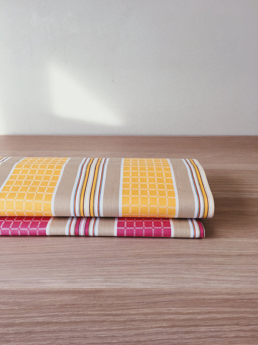 Yellow, red, pink striped ticking yardage. Spain c.1950 - Various pieces