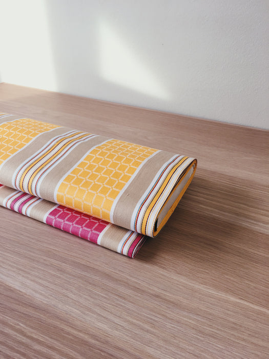 Yellow, red, pink striped ticking yardage. Spain c.1950 - Various pieces