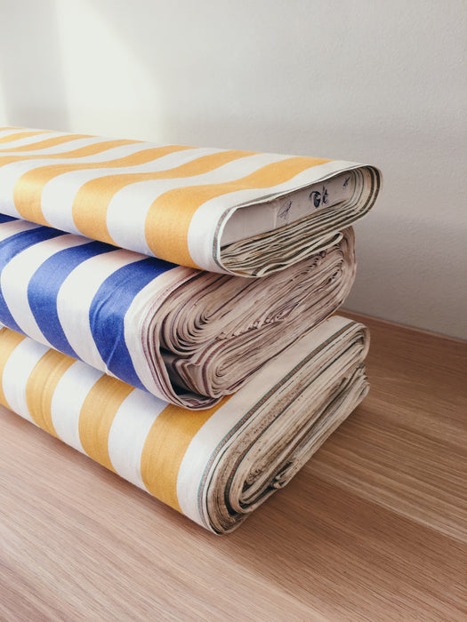 Yellow and blue striped ticking yardage. Spain c.1950 - Various pieces