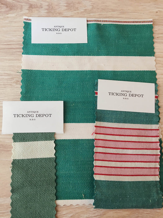 Ticking Depot - Antique Ticking Fabric Samples - Green and Pink Stripes